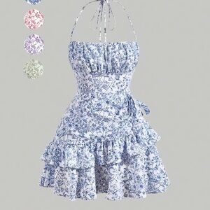 Floral Blue and White Ruffle Dress
